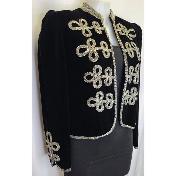 Oscar de la Renta Lillie Rubin Vintage Black Velvet Silver Beaded Jacket Medium - Picture 5 of 16